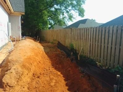 Dirt trench alongside a wooden fence and building, outdoors.