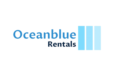 Oceanblue Rentals logo in blue with three light blue vertical bars