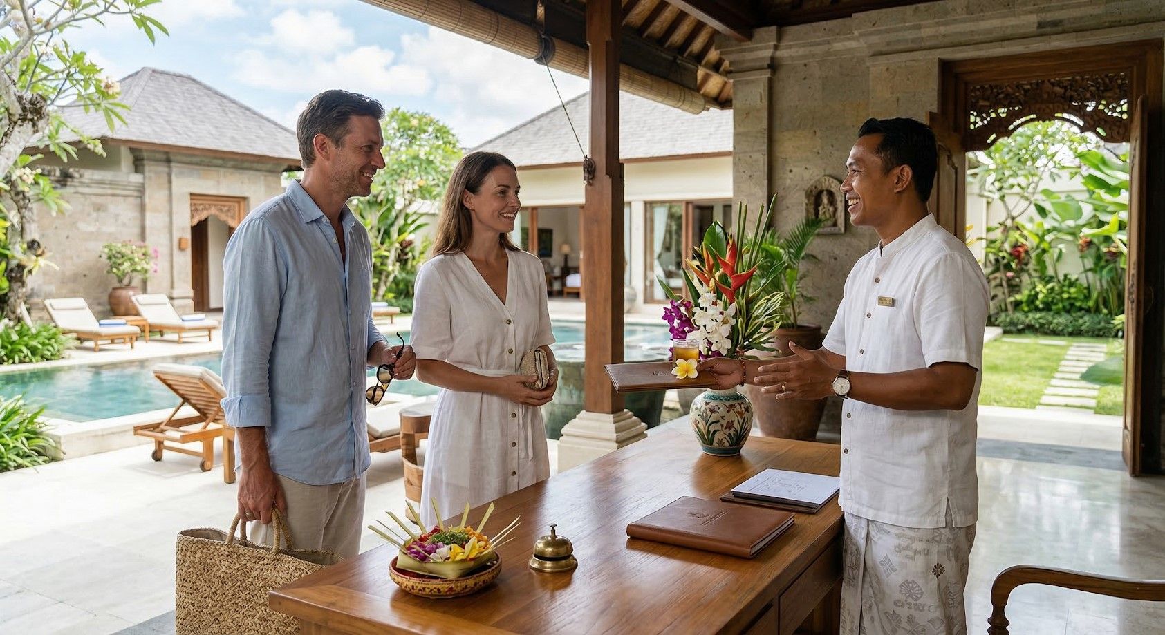 Three people talking at a wooden table in an open-air tropical villa with a pool in the background