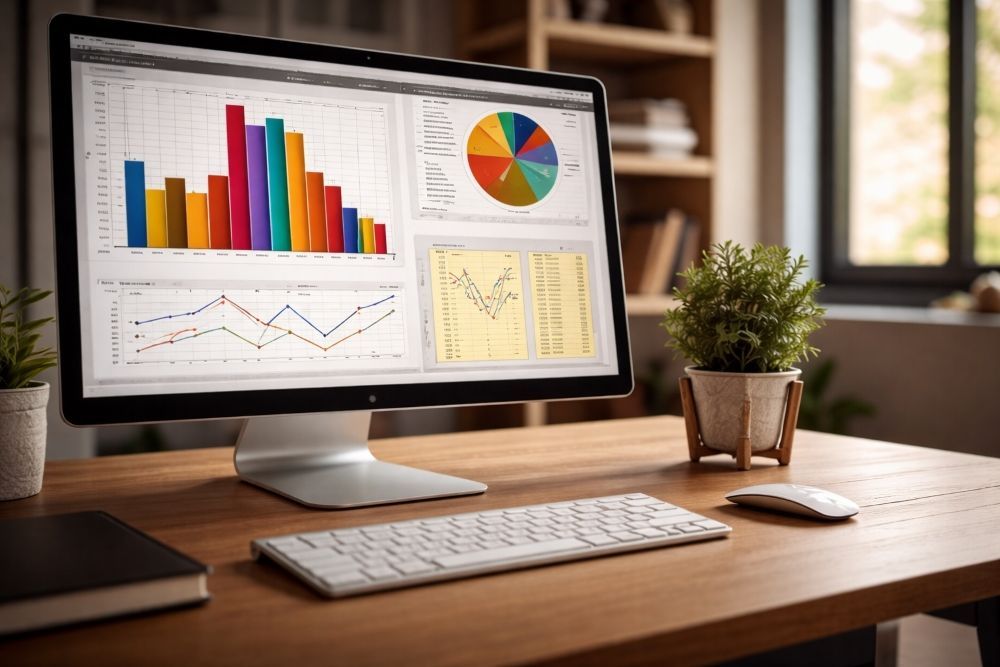 Desktop workspace with analytics dashboard showing colorful charts on a monitor, keyboard, mouse, and plant on a wooden desk