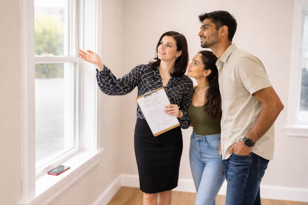 Three people tour a bright room, one pointing toward a window while holding a clipboard.