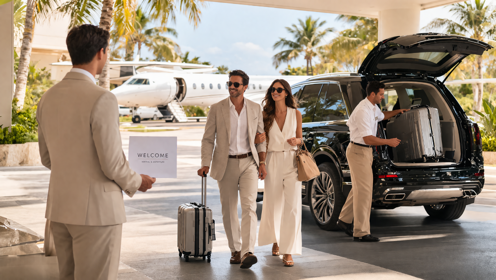 Luxury airport pickup with a chauffeur, two travelers, luggage, and a private jet in the background