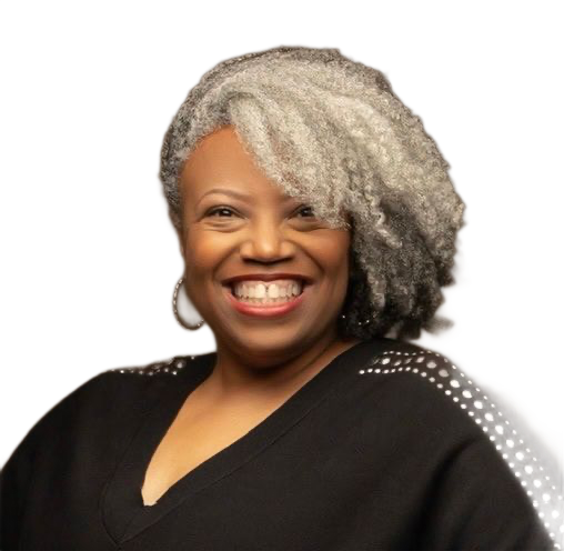 Smiling person with silver-gray hair in a black top against a dark brown background