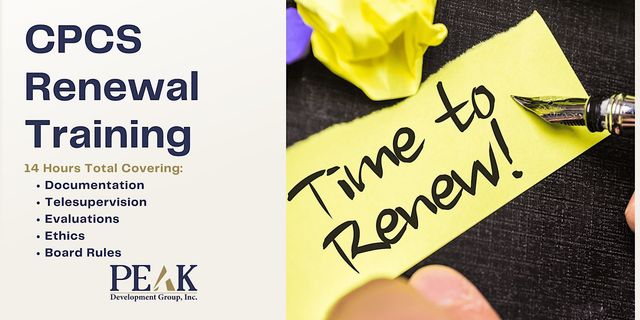 CPCS renewal training flyer with yellow “Time to Renew!” note and keyboard, plus course details.