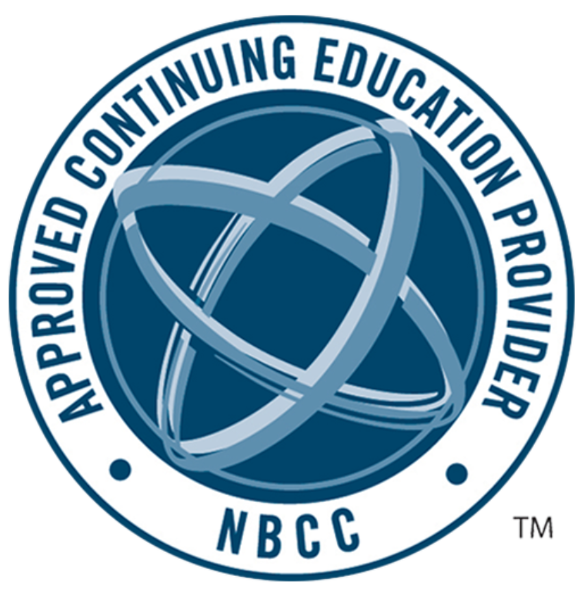 NBCC Approved Continuing Education Provider seal in blue and white, with circular orbit design