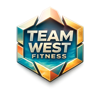 Silver dumbbell above "Team West Fitness" logo.