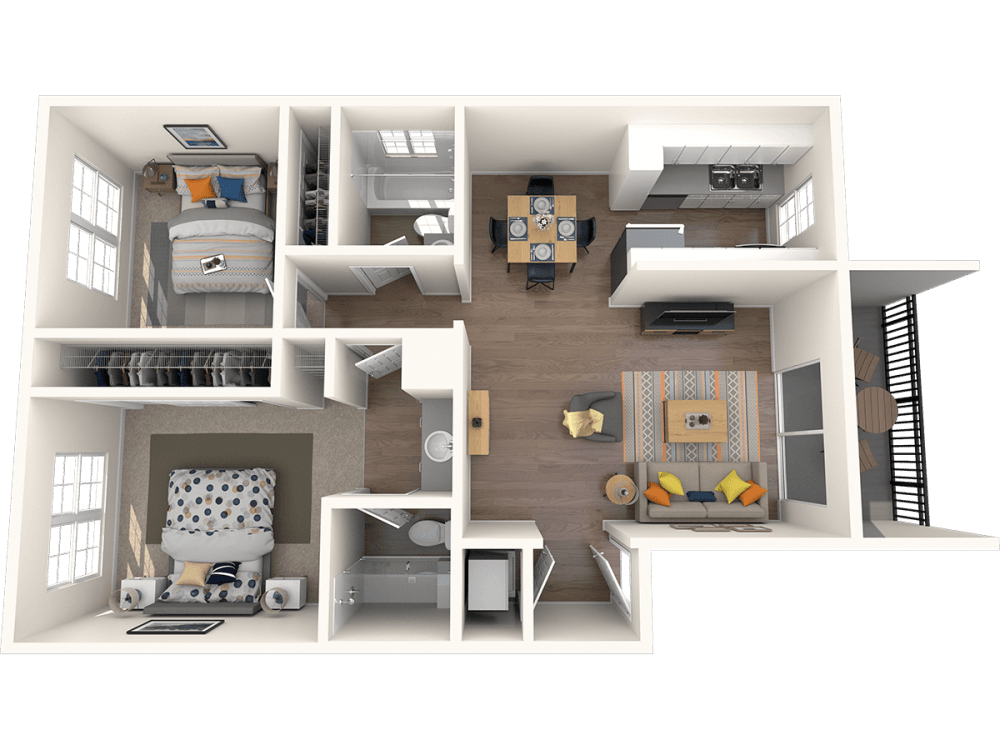Two bedroom two bathroom 3D Floor plan
