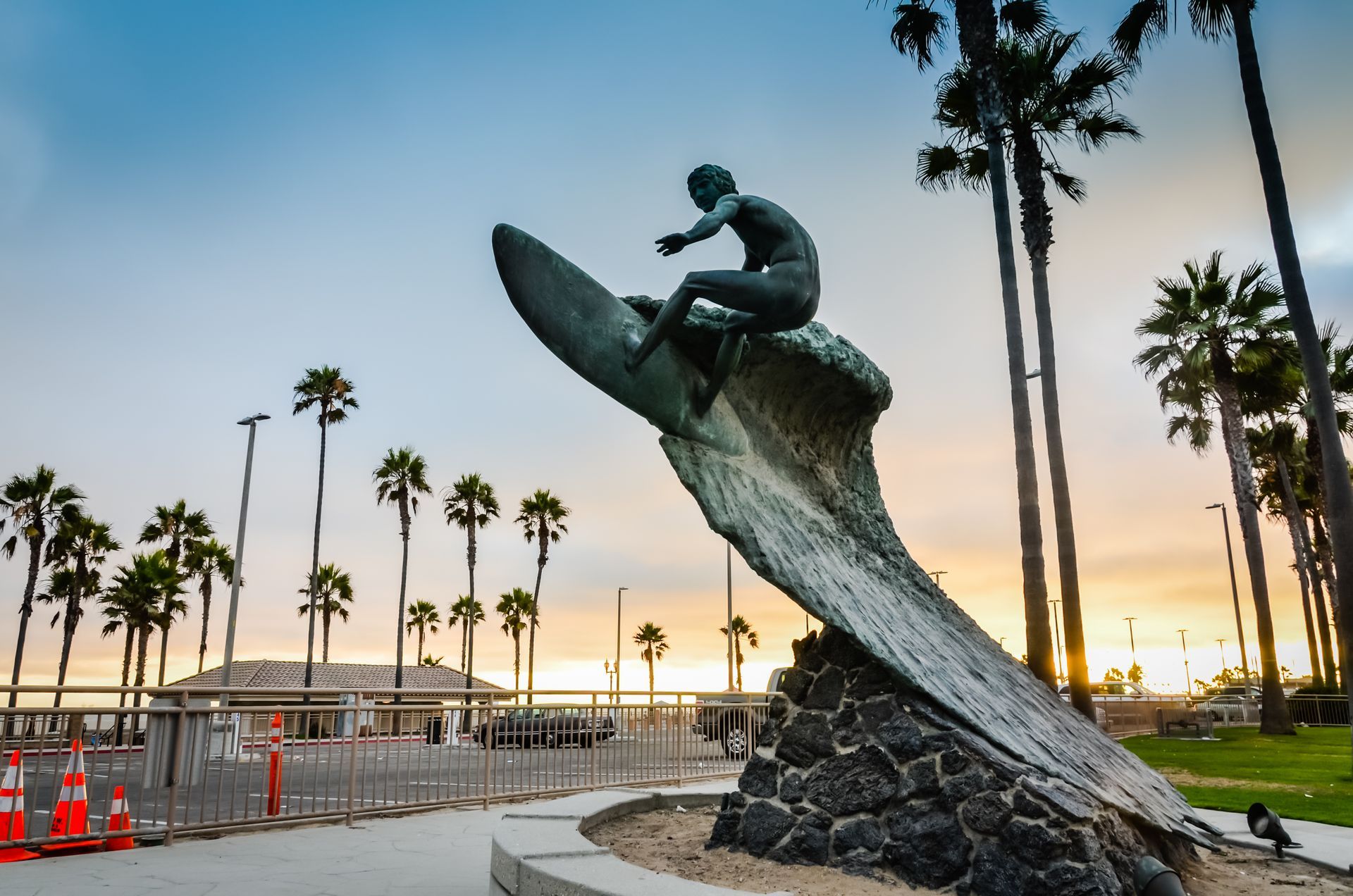 Surfer Statue riding the wave in Huntington Beach