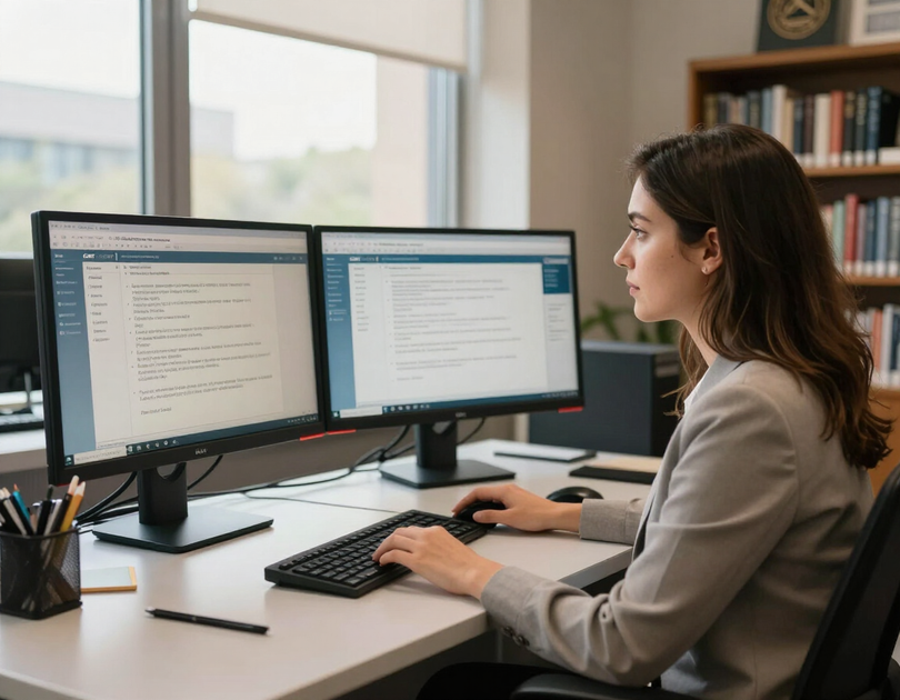 Jessica Ashby at her captioning workstation in a university setting