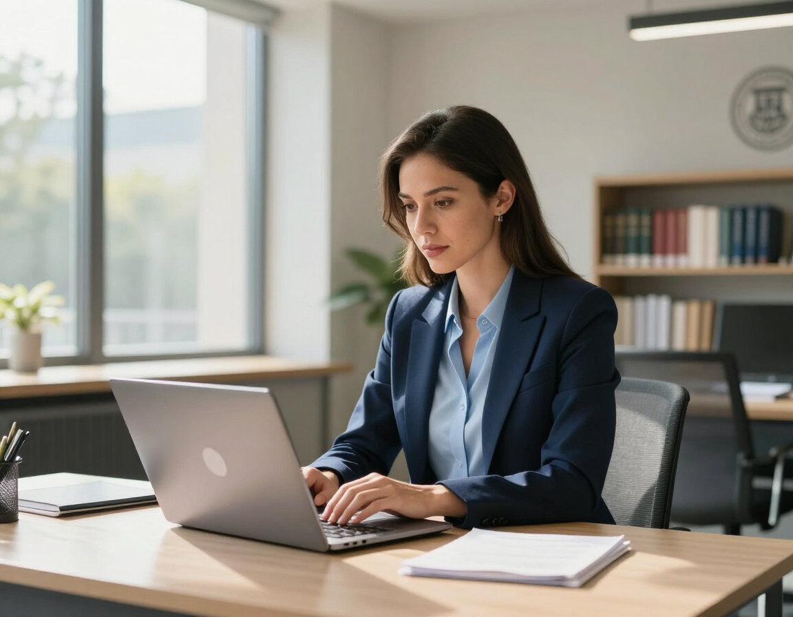 Jessica Ashby, professional captioner, working at a laptop in a university office