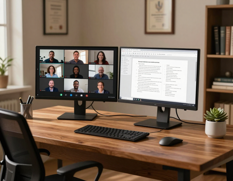 Home office setup with Zoom lecture and live captions on screen