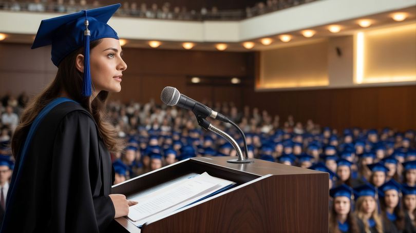 Commencement ceremony with live captions displayed on a large screen