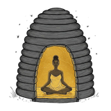 Person meditating inside a glowing beehive-shaped hut, seated cross-legged in a yellow doorway.