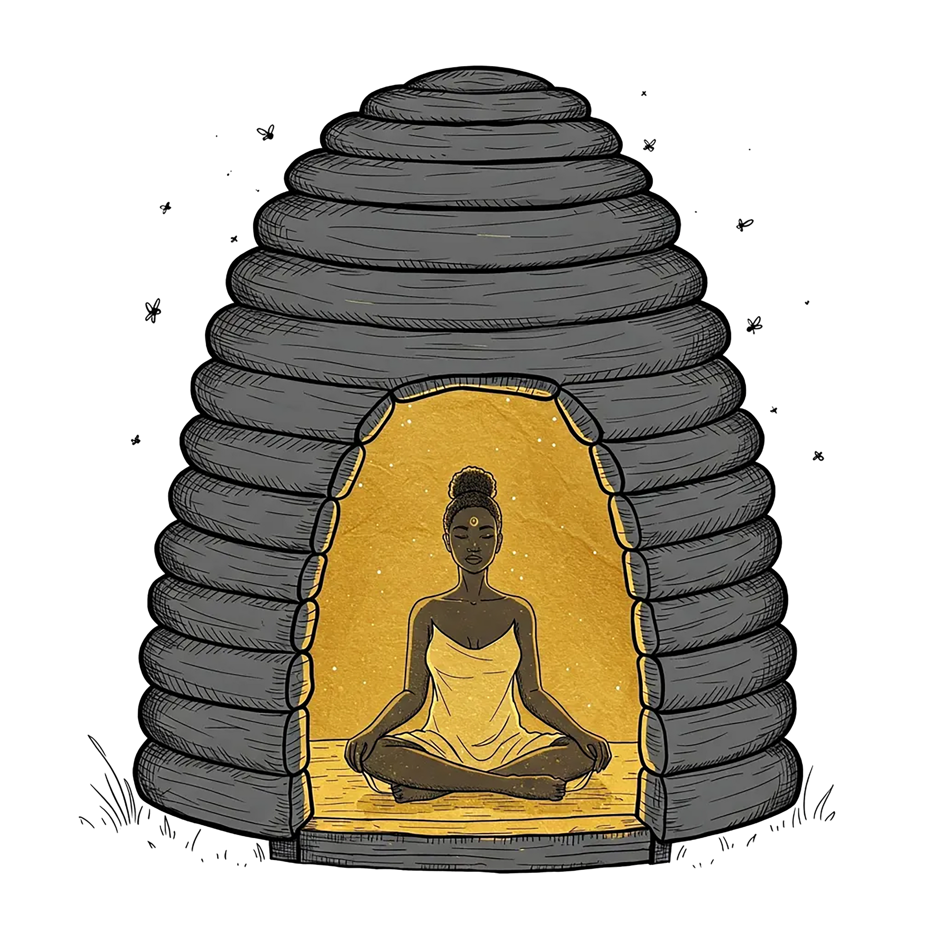 Person meditating inside a glowing beehive-shaped hut, seated cross-legged in a yellow doorway.