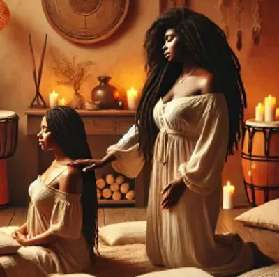 Two women in cream robes in a candlelit room, one seated while the other stands behind her.