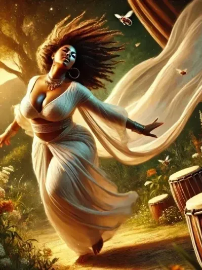 Woman in a flowing white dress dancing outdoors with a drum and sunlit fabric around her