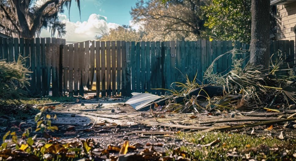 Storm debris by fence in Clearwater for Pinellas Family Junk Removal