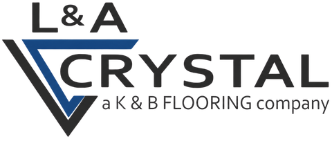 L&A Crystal logo with stylized black and blue triangle and “a K&B flooring company” text