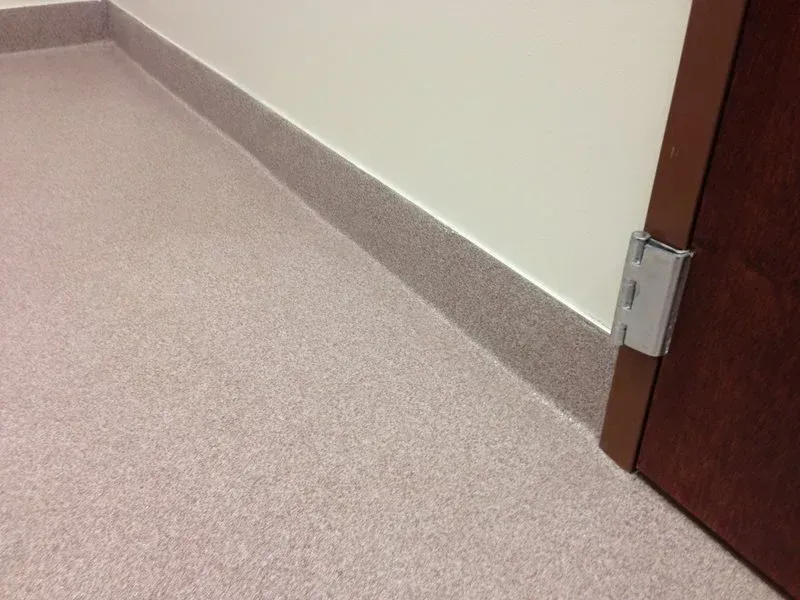 Office hallway corner with beige carpet, white wall, and a wooden door hinge close-up