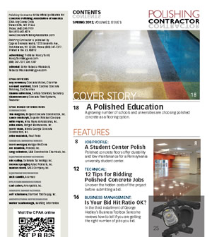 Magazine contents page for Polishing Contractor, featuring cover story “A Polished Education” and feature list.