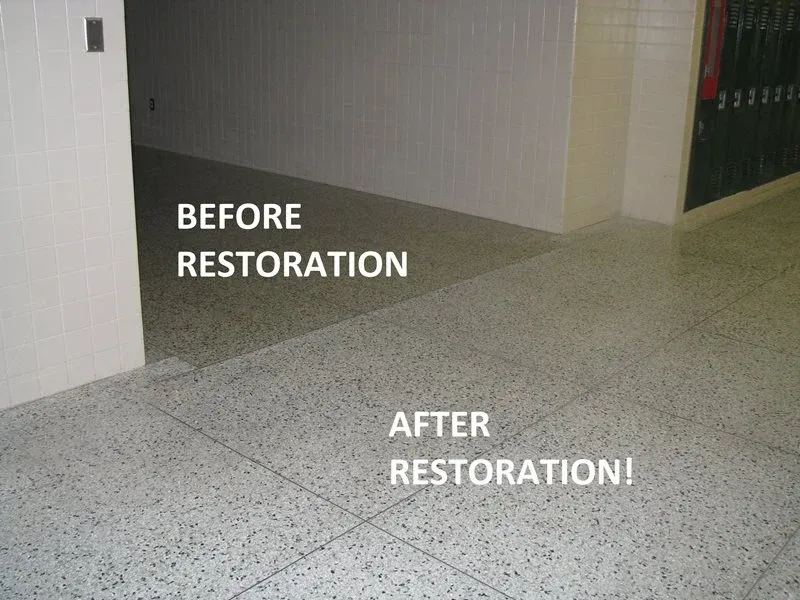 Floor hallway labeled “before restoration” and “after restoration” showing a cleaner speckled floor finish