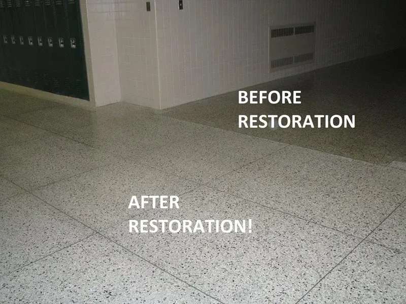 Floor before and after restoration, showing dull surface versus cleaned, polished tiles with labels.