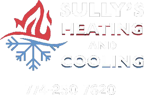 Logo for Sully's Heating and Cooling, featuring a red flame above a blue snowflake icon, with company name and phone number.