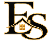 Gold and black ES logo with a house roof and window icon centered underneath