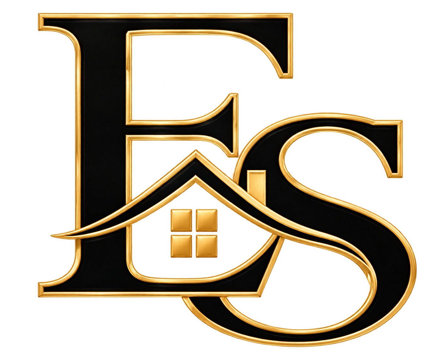 Gold and black ES logo with a house roof and window icon centered underneath
