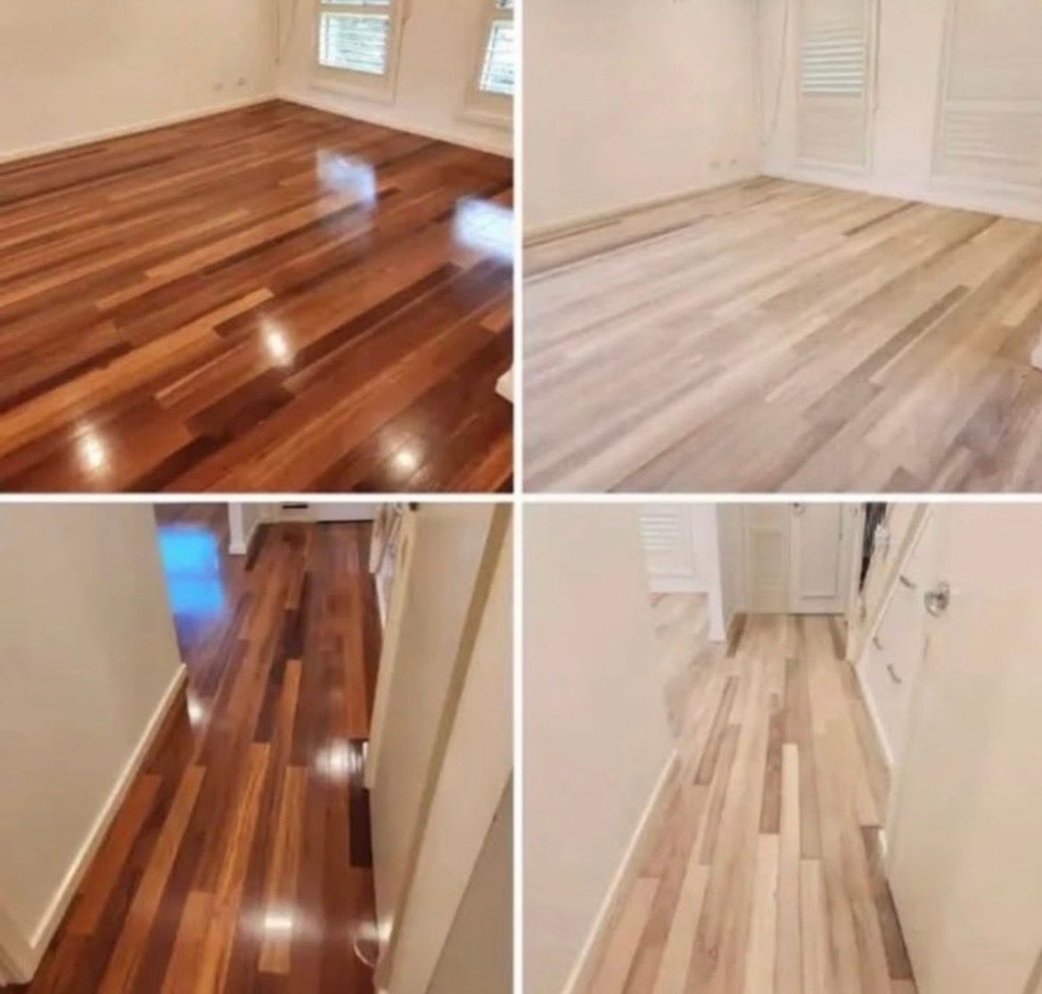 Before-and-after collage of hardwood floor refinishing, showing dark glossy wood changing to light, unfinished planks