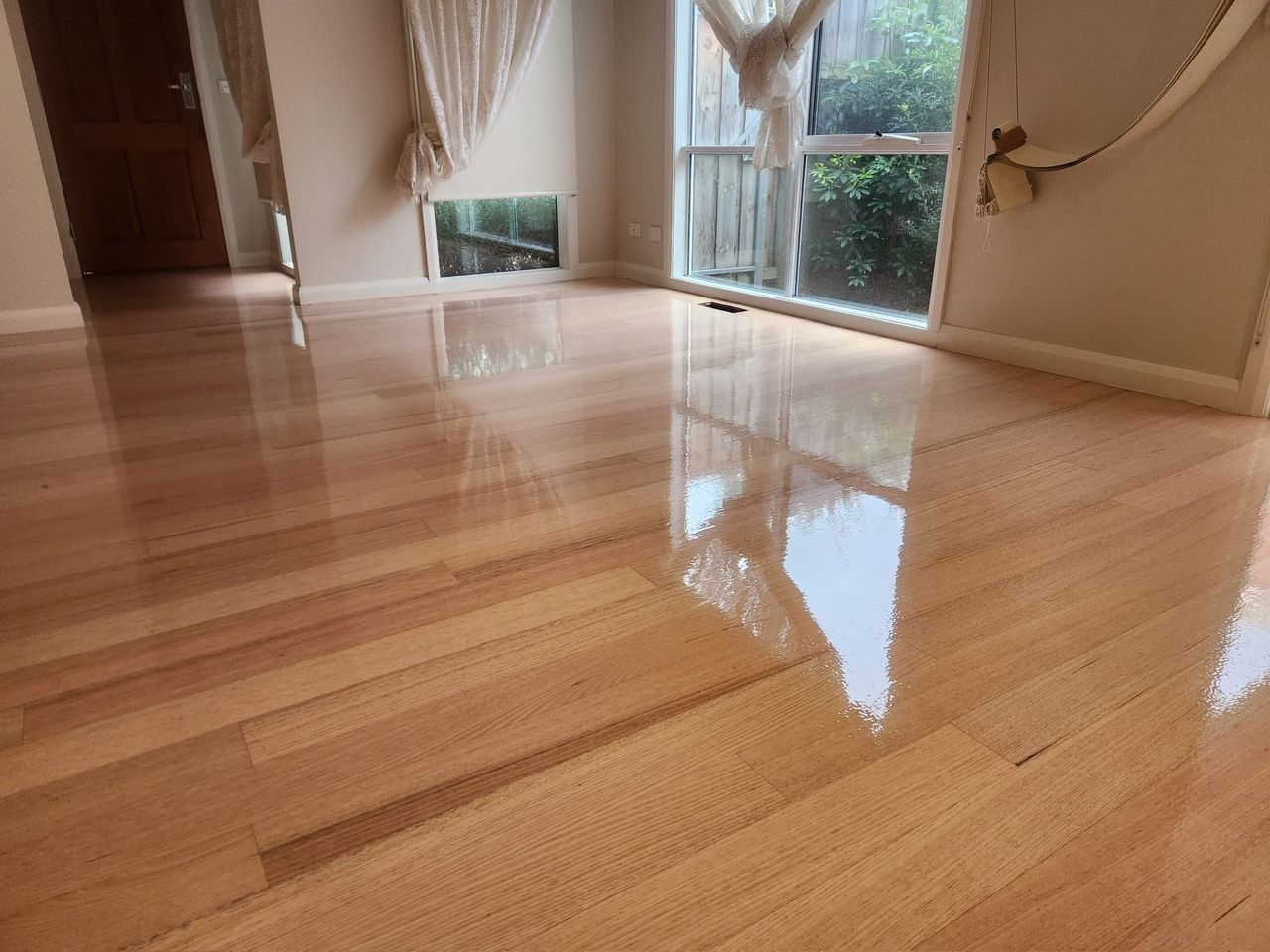 Empty room with polished wooden floor and large sunlit windows reflecting trees outside