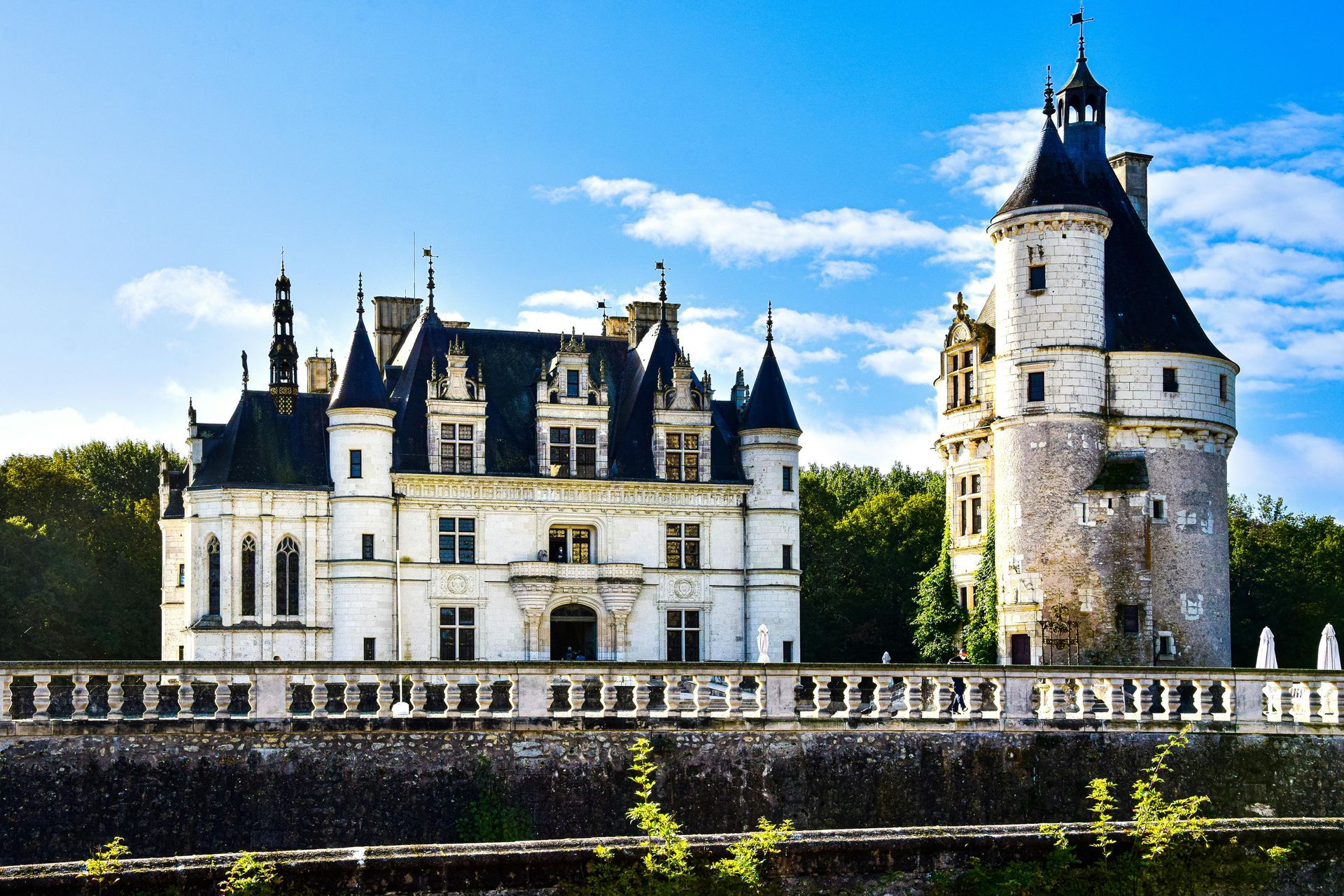 The stunning Château de Chenonceau in the Loire Valley, built over the River Cher with its iconic turrets and bridges.