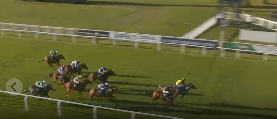 Jockeys on horses racing around a grassy track, viewed from the side.