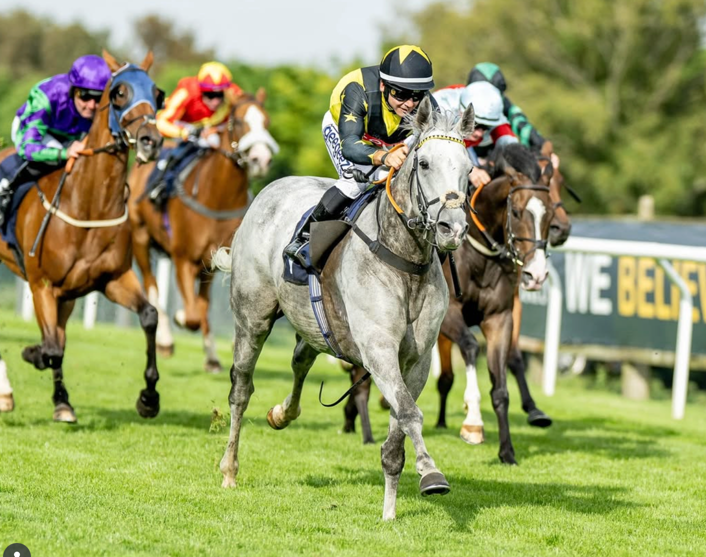 Racehorses competing on a green track. A grey horse leads, jockey in yellow and black. Other horses and jockeys follow.
