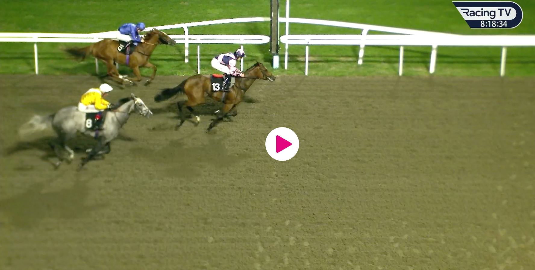 Horse race on a dirt track, with three jockeys and a pink play button overlay.
