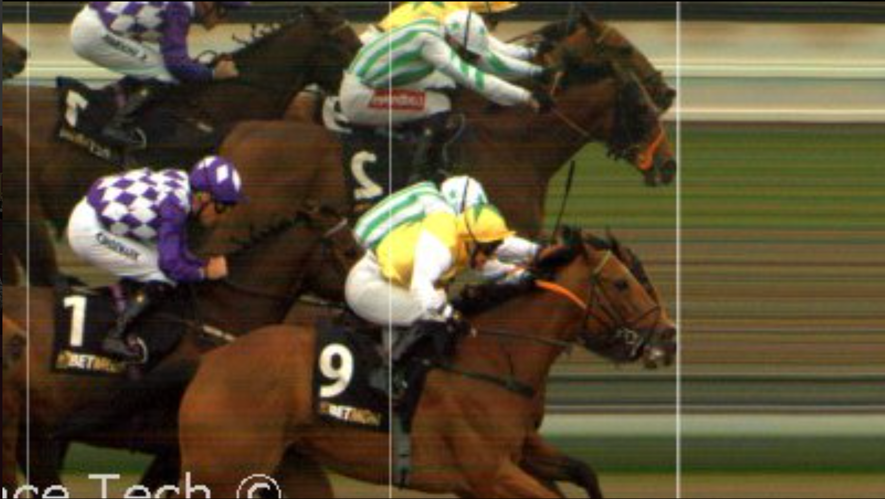 A photo-finish view of horses racing on a track, focusing on number 9 in the lead followed by horses 1, 2, and 7.