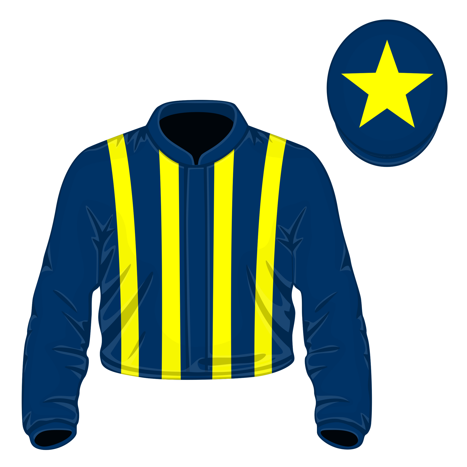 White jacket with blue stripes and stars.