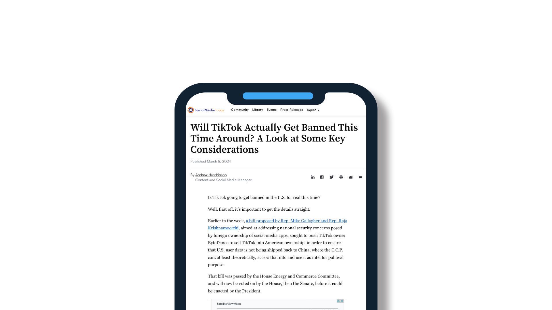 A cell phone displaying a news article on a white background.