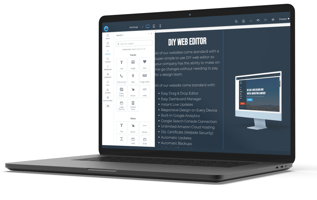 A laptop computer is open to a page that says my web editor