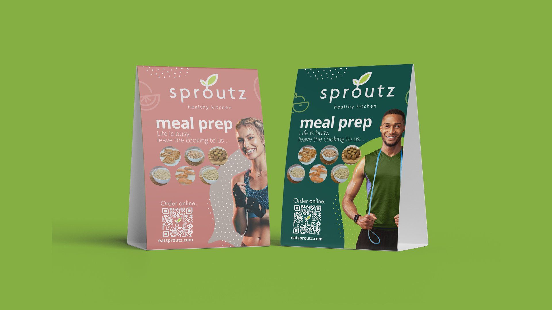 Two boxes of sproutz meal prep are sitting next to each other on a green background.
