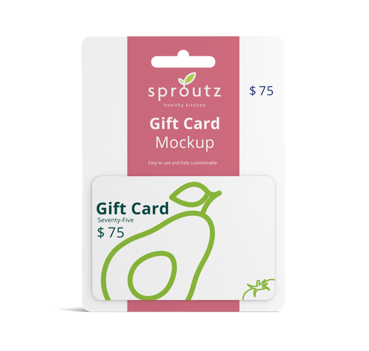 A sproutz gift card mockup with an avocado on it