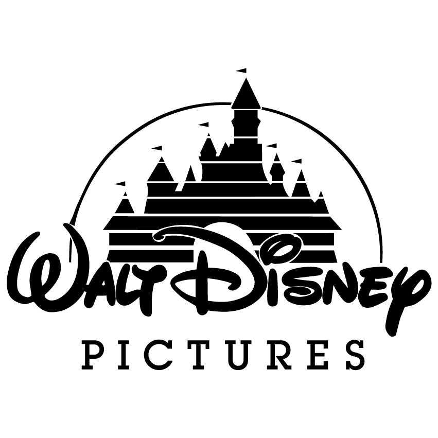 A black and white logo for walt disney pictures with a castle in the middle.