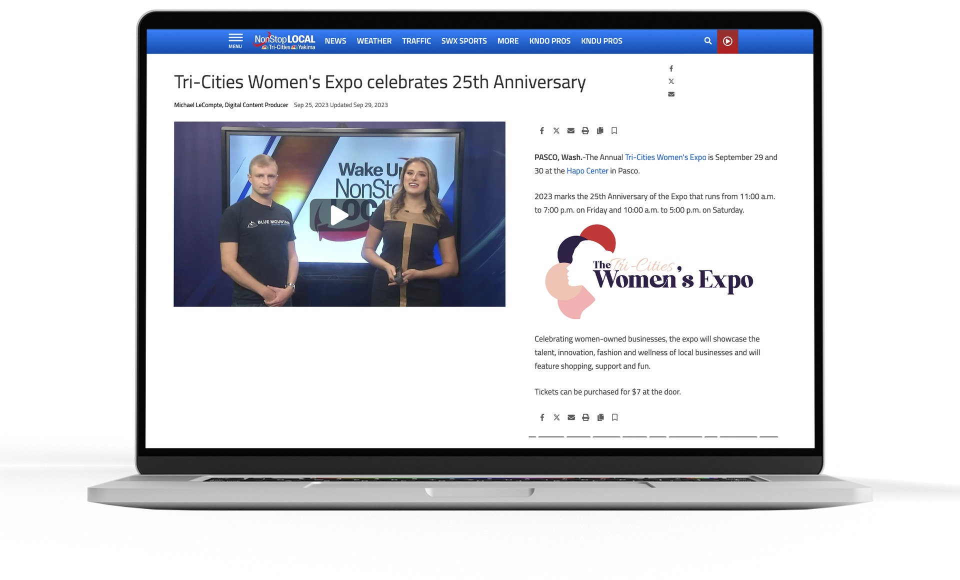A laptop computer with a woman and a man on the screen.