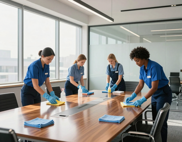 Cleaning staff wiping a conference table in a bright office meeting room