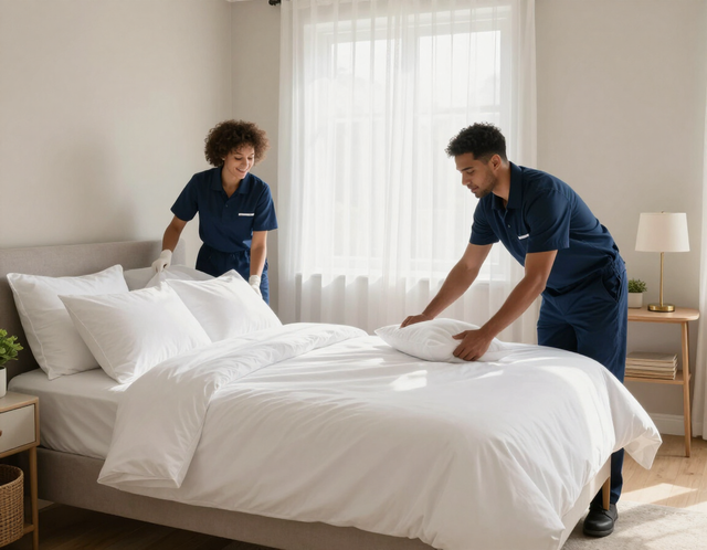 Two housekeeping staff making a bed in a bright hotel room