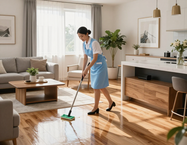 Person mopping a bright living room with hardwood floors and modern furniture