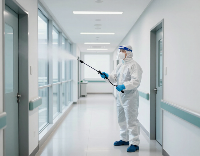 Worker in protective suit disinfecting a bright hospital hallway with a sprayer.