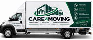 Verhuiswagen met het CARE4MOVING-logo in groen en wit op de zijkant.