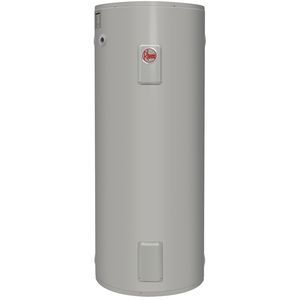 Tall, gray Rheem electric water heater in a white background — Solar Services in Erina, NSW