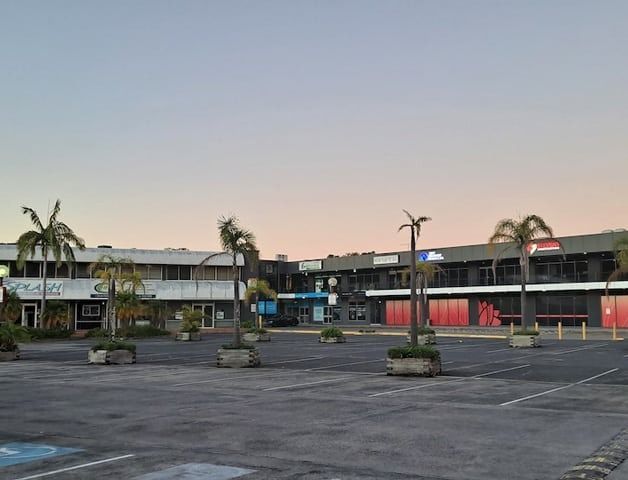 A Parking Lot With Palm Trees in Front of a Building — Solar Services in Erina, NSW